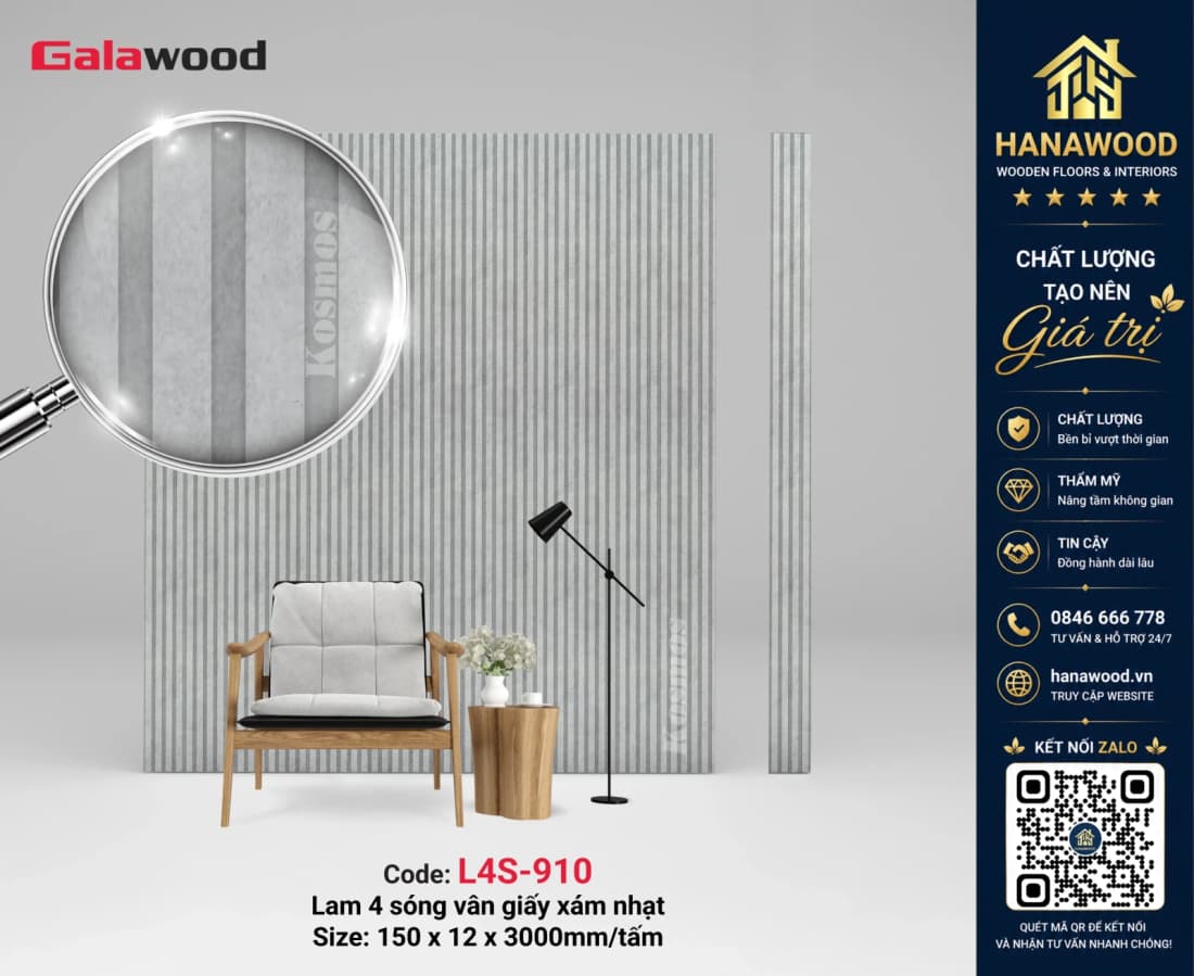 Tấm Nhựa Ốp Tường Lam Sóng Vân Bê Tông Galawood L4S-910 xám hiện đại