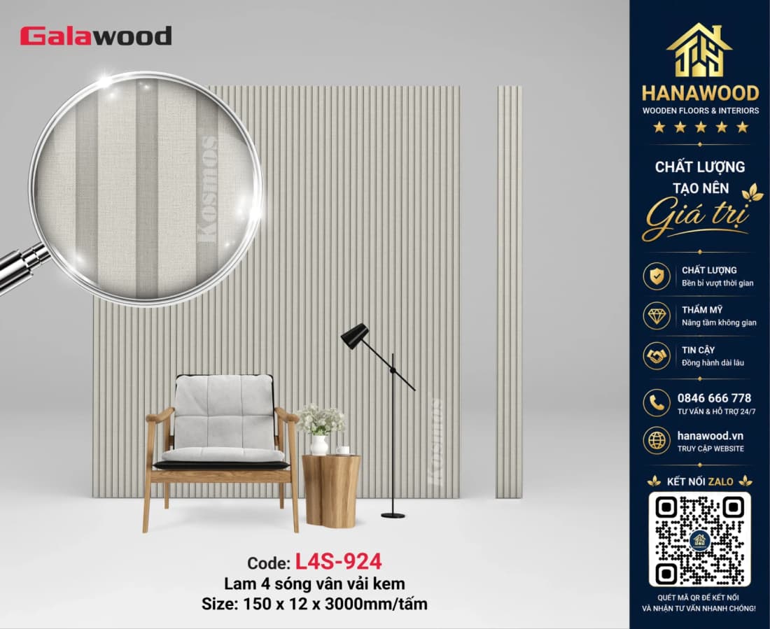 Tấm Ốp Tường Trần Lam Sóng Giả Vân Vải Galawood L4S-924 bề mặt mịn sang