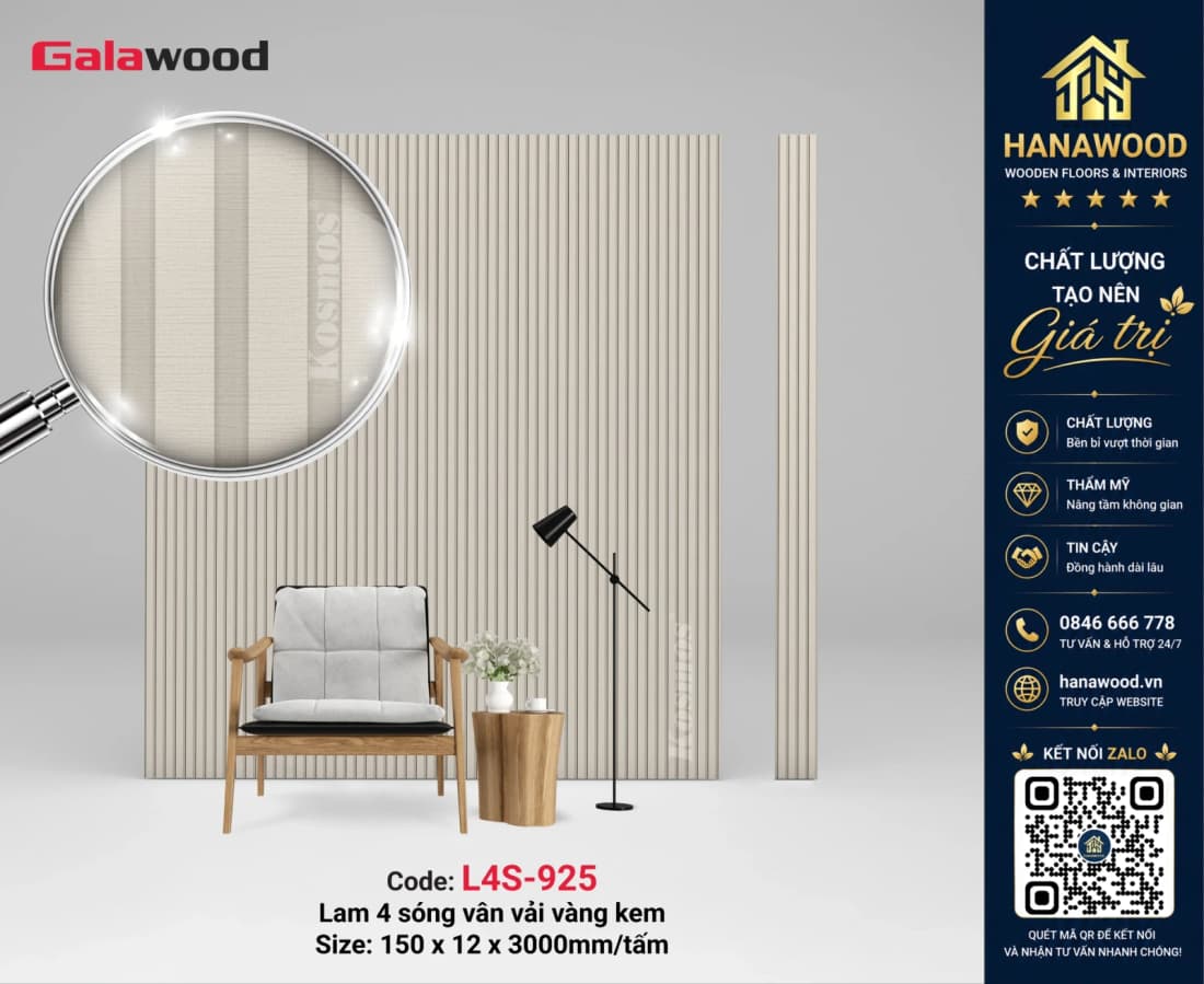 Tấm Ốp Tường Lam Sóng Giả Vân Vải Galawood L4S-925 xám nhạt nhẹ nhàng