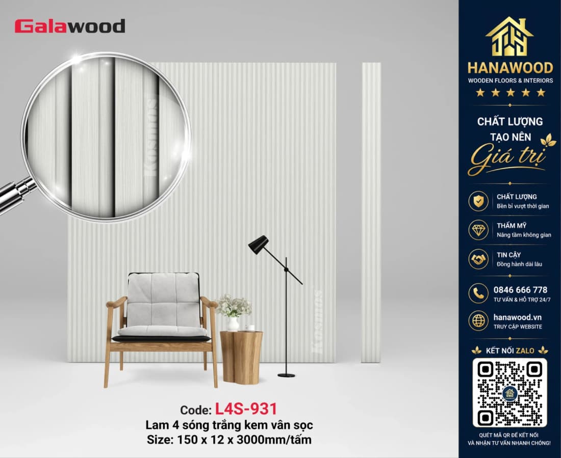 Tấm Ốp Lam 4 Sóng Nhựa Giả Gỗ Galawood L4S-931 màu gỗ sồi sáng ấm cúng