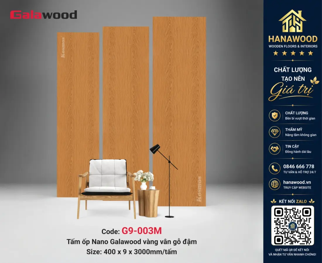 Tấm Nhựa Ốp Tường Nano Galawood G9-003M Vàng Vân Gỗ Đậm chống nước chịu lực tốt