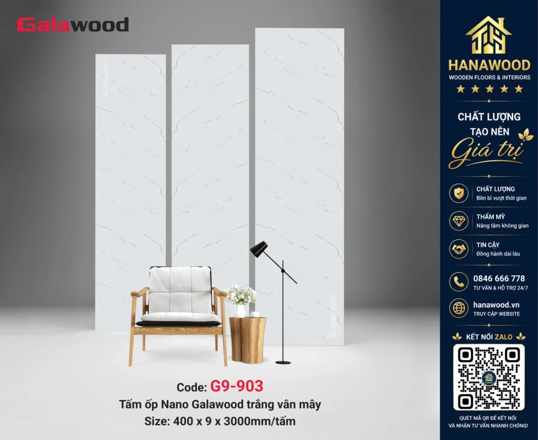 Tấm Nhựa Ốp Tường Nano Trắng Vân Mây Galawood G9-903 sang trọng bừng sáng không gian