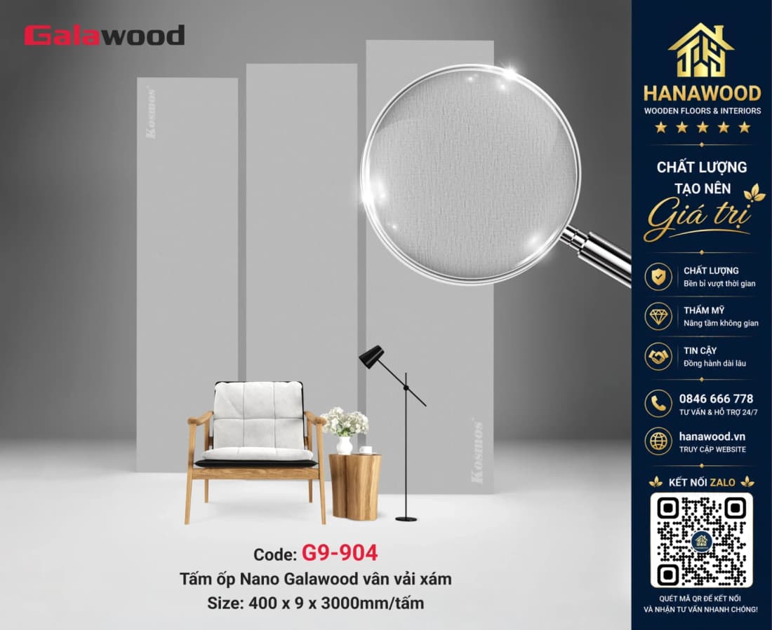 Tấm Nhựa Ốp Tường Nano Galawood G9-904 Vân Vải Xám nhẹ nhàng thanh lịch