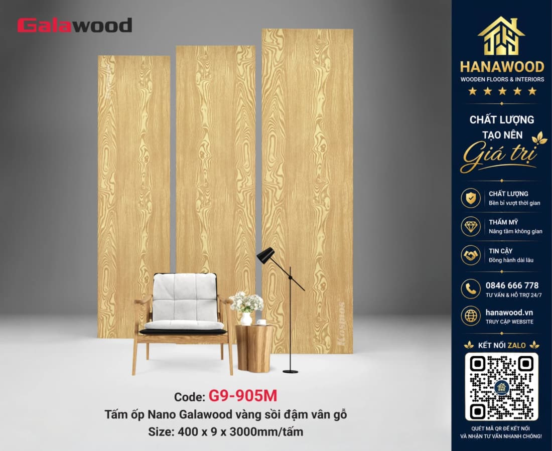 Tấm Nhựa Ốp Tường Nano Giả Vân Gỗ Sồi Nhạt Galawood G9-905M tông màu tươi sáng