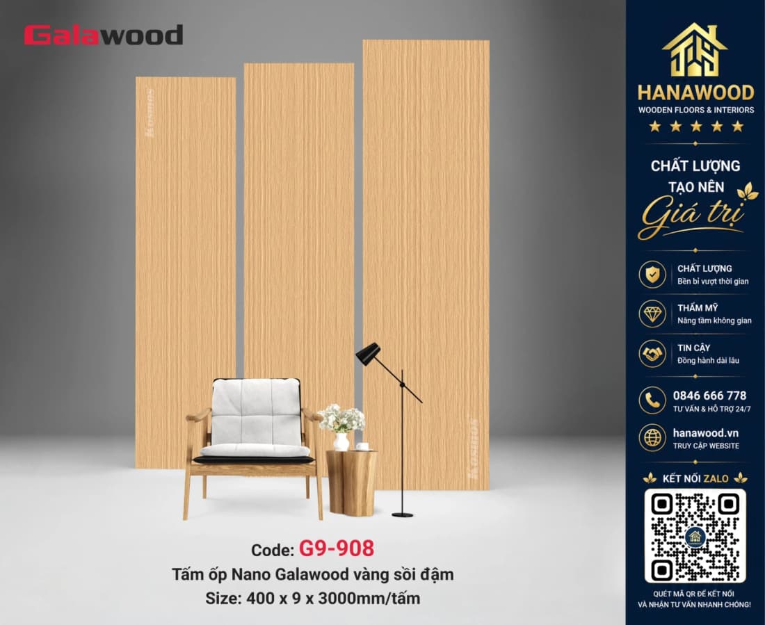 Tấm Nhựa Ốp Trần Nano Giả Gỗ Galawood G9-908 chống cong vênh vượt trội
