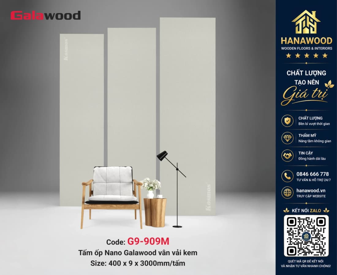 Ốp Tường Ốp Trần Nano Giả Vân Vải Kem Galawood G9-909M tông trang nhã