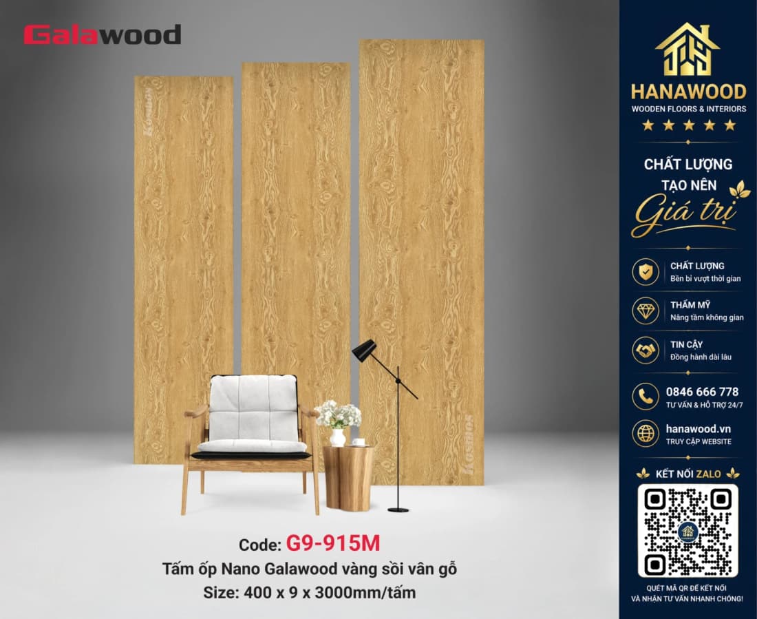 Tấm Nhựa Ốp Tường Nano Giả Vân Gỗ Galawood G9-915M tông gỗ đậm sang trọng