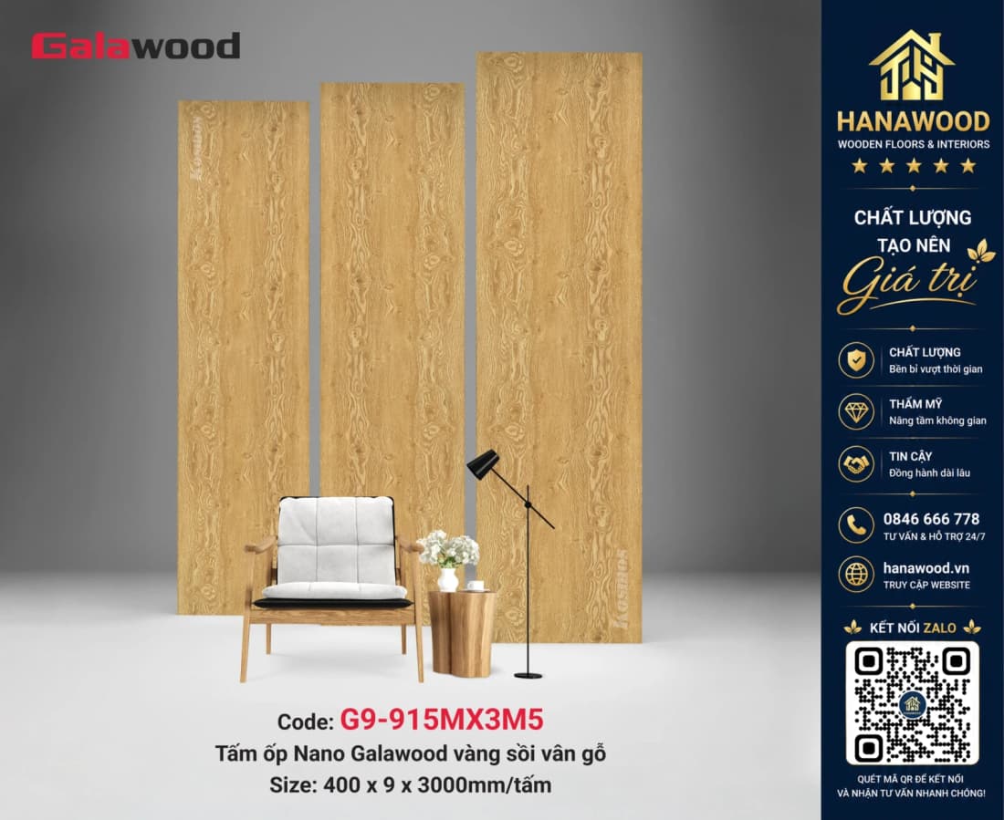 Tấm Nhựa Ốp Trần Nano Giả Gỗ Galawood G9-915MX3M5 chất liệu nhựa PVC nguyên sinh