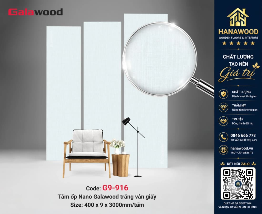 Tấm Nhựa Ốp Trần Nano Galawood G9-916 Màu Trắng trơn tối giản tạo cảm giác rộng rãi