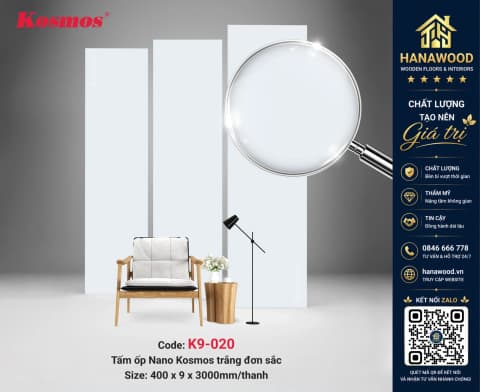 Tấm Nhựa Ốp Tường Nano Màu Trắng Trơn Kosmos K9-020 bề mặt mịn sáng sạch