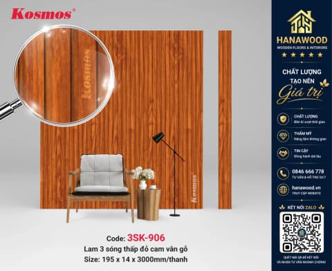 Tấm Ốp Trần Tường Lam 3 Sóng Chân Kép Kosmos 3SK-906 Giả Gỗ chịu lực cao