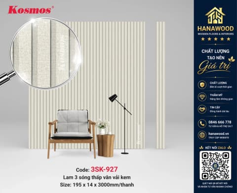 Tấm Nhựa Ốp Tường Lam 3 Sóng Chân Kép Kosmos 3SK-927 Vân Vải Xám hiện đại