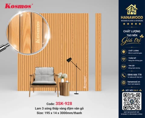Tấm Ốp Nhựa Giả Gỗ Lam 3 Sóng Chân Kép Kosmos 3SK-928 màu gỗ ấm cúng