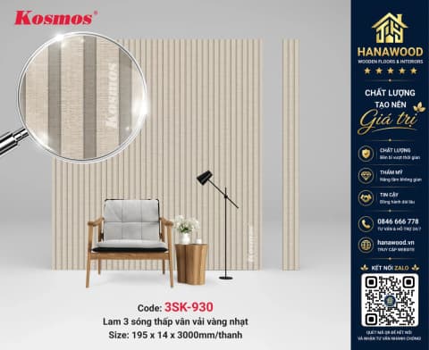 Tấm Ốp Tường Lam Sóng Giả Vân Vải Vàng Nhạt Kosmos 3SK-930 nhẹ bền