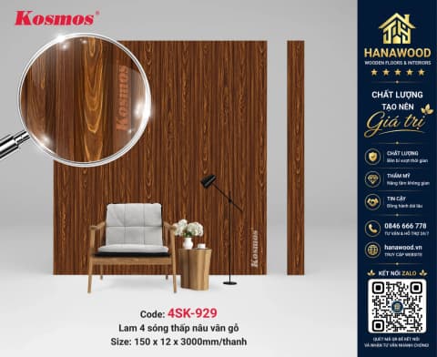 Tấm Nhựa Ốp Tường Lam 4 Sóng Kép Kosmos Giả Vân Gỗ 4SK-929 phủ UV sần