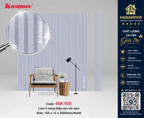 Tấm Ốp Tường Nhựa Lam Sóng Kép Kosmos Giả Vân Vải 4SK-932 xám hiện đại