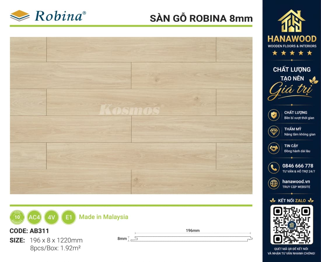 Sàn Gỗ Công Nghiệp Robina AB311 8mm Vân Gỗ Sồi Sáng cốt gỗ HDF chịu nước