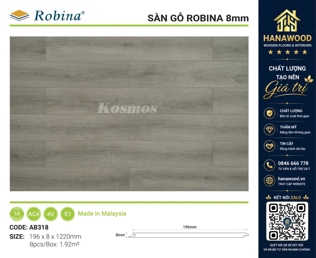 Sàn Gỗ Công Nghiệp Robina AB318 8mm Vân Gỗ Vàng Mật Ôm hèm khóa thông minh