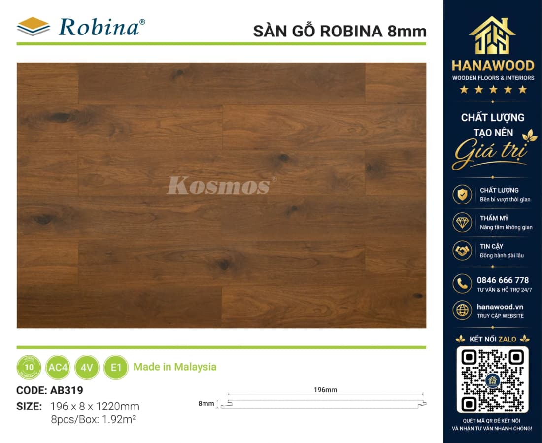 Sàn Gỗ Công Nghiệp Robina AB319 8mm Vân Gỗ Nâu Trầm ấm cúng hiện đại