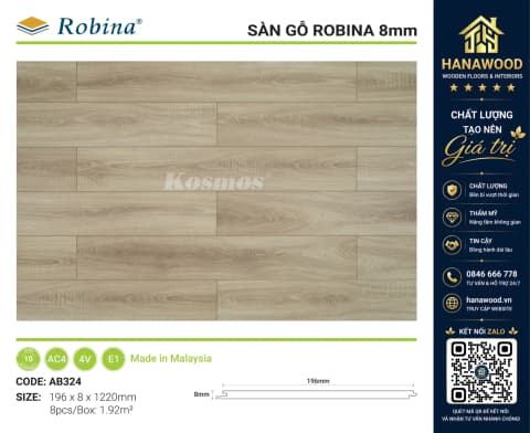 Sàn Gỗ Công Nghiệp Robina AB324 8mm Vân Gỗ Sồi Đỏ bề mặt phủ UV chống phai màu