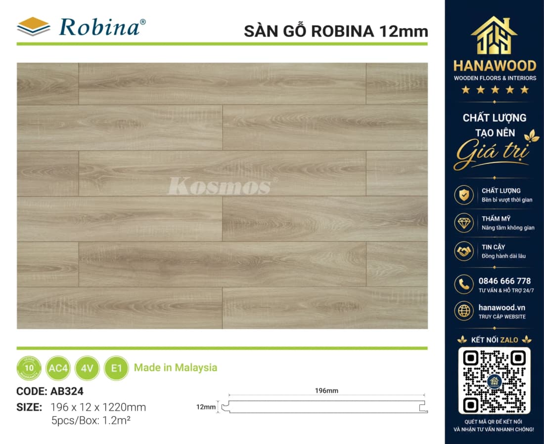 Sàn Gỗ Công Nghiệp Malaysia Robina 12mm AB324