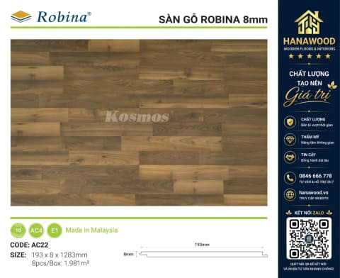 Sàn Gỗ Công Nghiệp Robina AC22 8mm Vân Gỗ Walnut Nâu Đen phong cách Châu Âu
