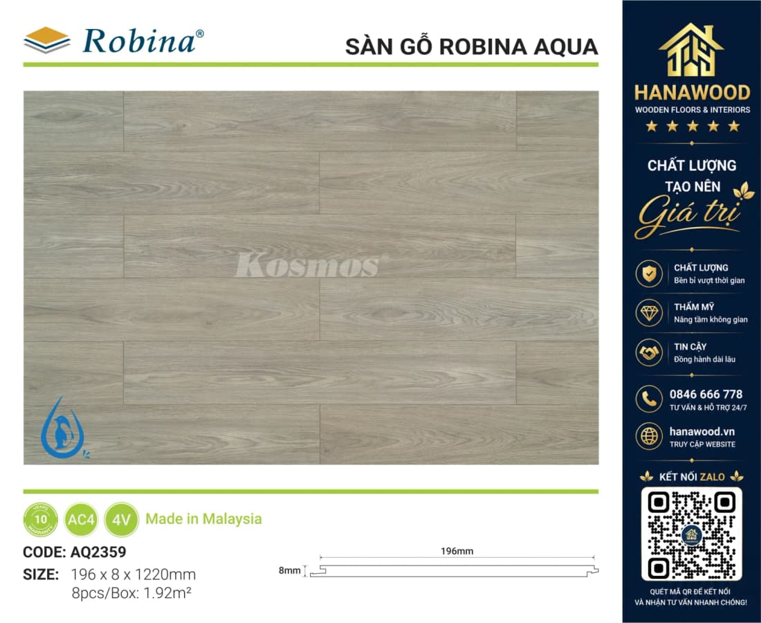 Sàn Gỗ Công Nghiệp Robina Aqua AQ2359 8mm Vân Gỗ Sồi Kem khóa nước 10 ngày