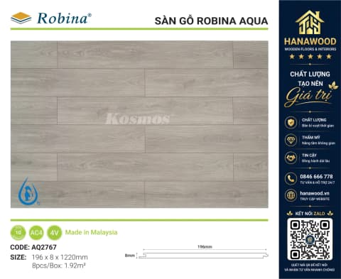 Sàn Gỗ Công Nghiệp Robina Aqua AQ2767 8mm Vân Gỗ Xám Khói chịu nước vượt trội