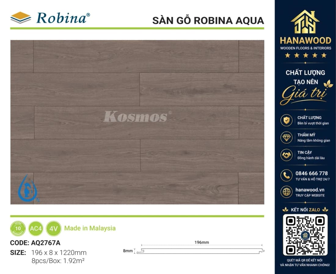 Sàn Gỗ Công Nghiệp Robina Aqua AQ2767A 8mm Vân Gỗ Xám Nhạt chống nấm mốc