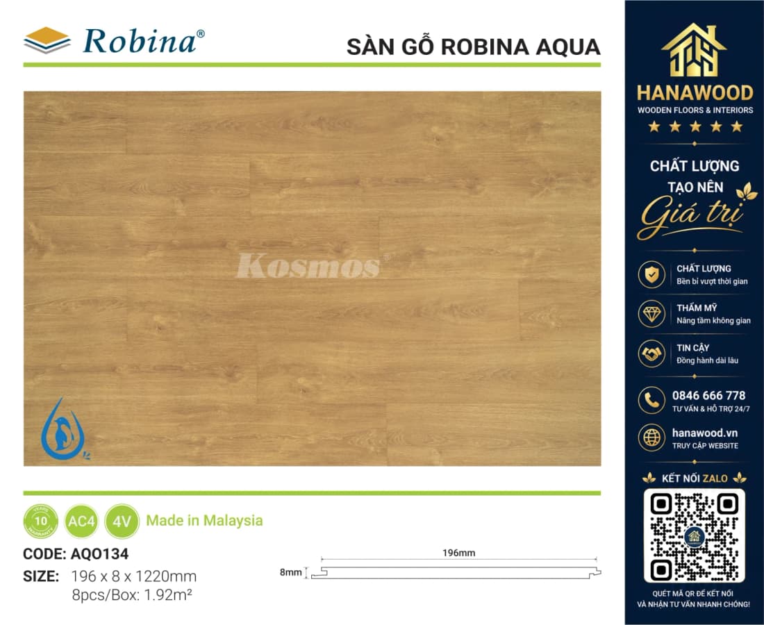 Sàn Gỗ Công Nghiệp Robina Aqua AQO134 8mm Vân Gỗ Walnut Sẫm sang trọng