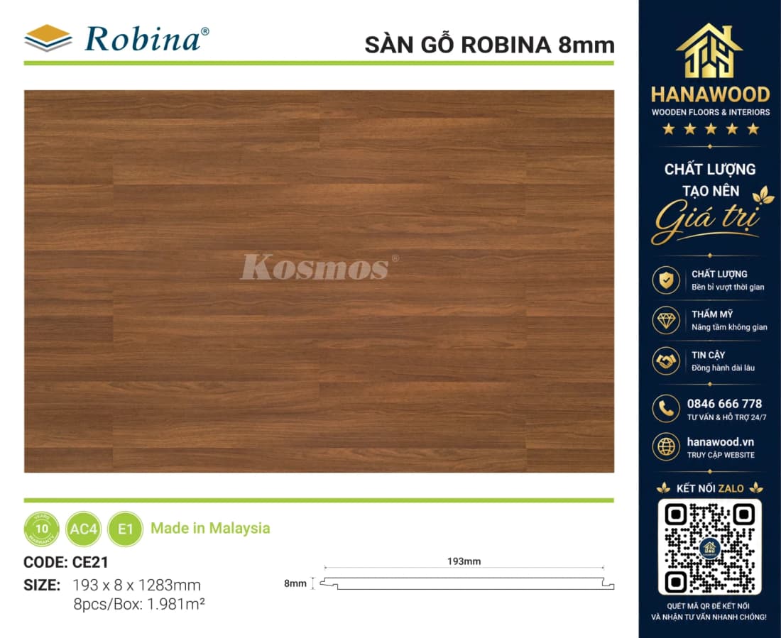 Sàn Gỗ Công Nghiệp Robina CE21 8mm Vân Gỗ Sồi Mộc Mạc chống trầy xước