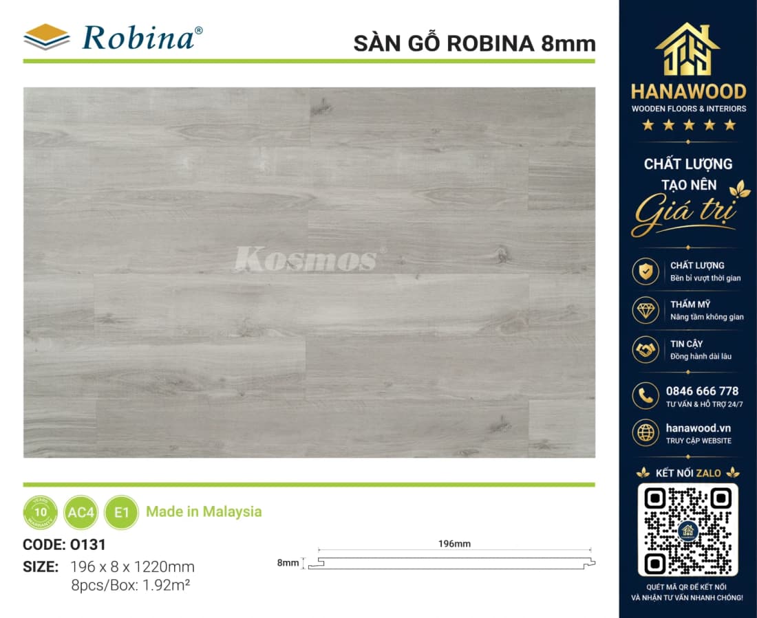 Sàn Gỗ Công Nghiệp Robina O131 8mm Vân Gỗ Xám Tinh Tế bề mặt phủ UV