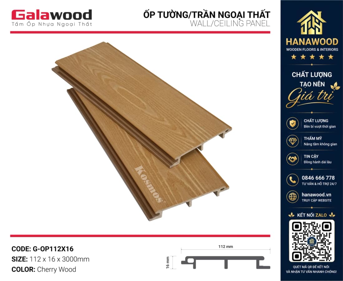 Tấm Ốp Trần Gỗ Nhựa Phủ ASA Galawood G-OP112X16 Cherry Wood màu gỗ anh đào ấm cúng