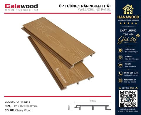 Tấm Ốp Trần Gỗ Nhựa Phủ ASA Galawood G-OP112X16 Cherry Wood màu gỗ anh đào ấm cúng