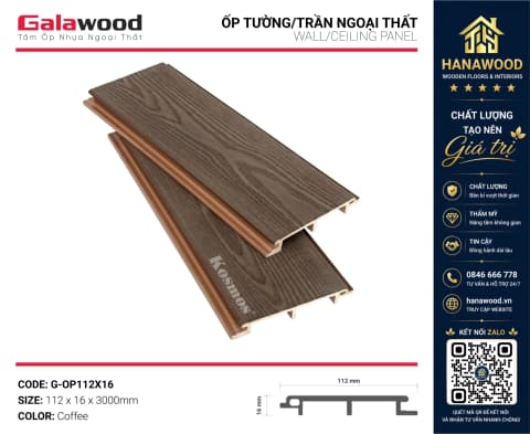 Tấm Ốp Tường Trần Ngoài Trời Phủ ASA Galawood G-OP112X16 Coffee tông màu cà phê sang trọng