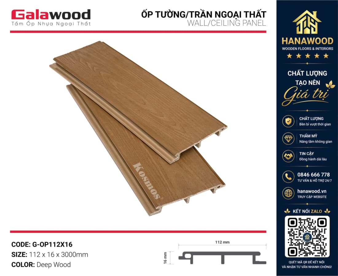 Tấm Ốp Gỗ Nhựa Ngoài Trời Phủ ASA Galawood G-OP112X16 Deepwood vân gỗ đậm cổ điển