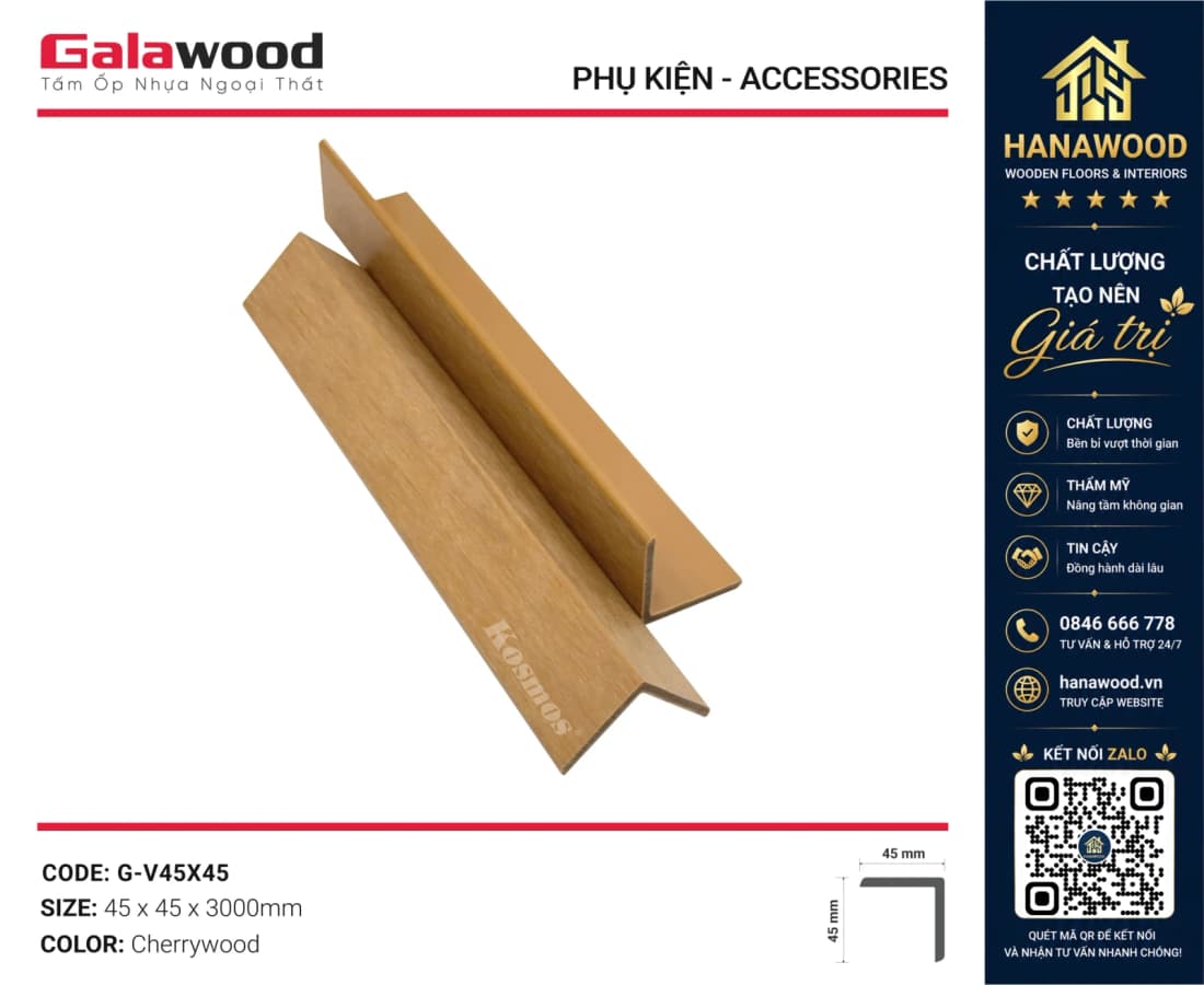 Nẹp Góc V Ngoài Trời Phủ ASA Galawood G-V45X45 Cherrywood bo góc thẩm mỹ bảo vệ cạnh