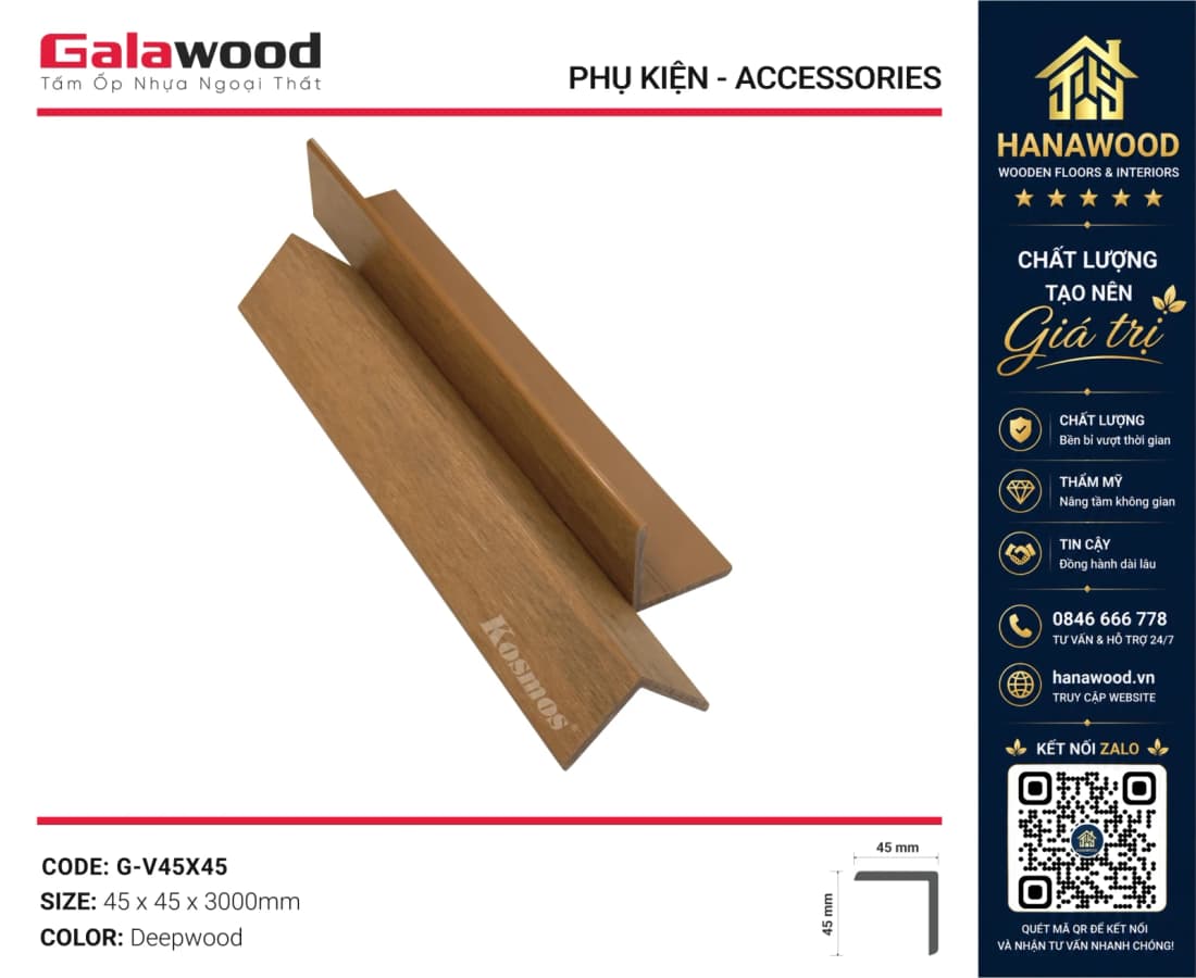 Nẹp Chữ V Gỗ Nhựa Phủ ASA Galawood G-V45X45 Deepwood tông trầm sang trọng chịu nắng mưa