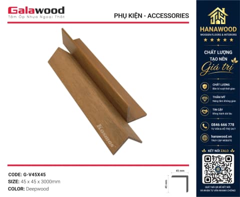 Nẹp Chữ V Gỗ Nhựa Phủ ASA Galawood G-V45X45 Deepwood tông trầm sang trọng chịu nắng mưa