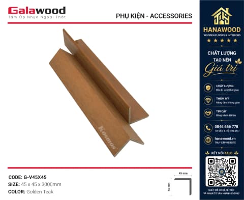 Nẹp Góc V Gỗ Nhựa Ngoài Trời ASA Galawood G-V45X45 Golden Teak