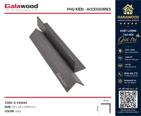 Nẹp Chữ V Gỗ Nhựa Ngoài Trời ASA Galawood G-V45X45 Grey màu xám trung tính nhẹ bền