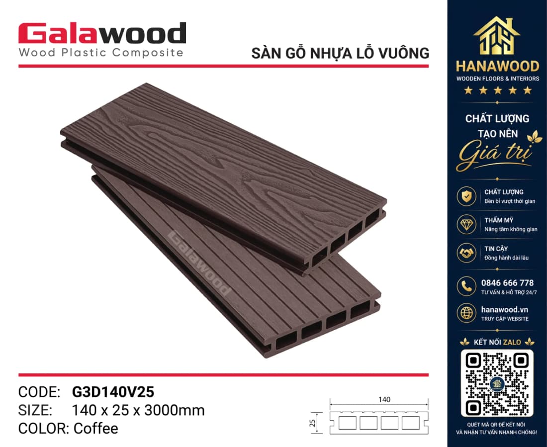 Sàn Gỗ Nhựa Ngoài Trời Galawood G3D140V25 Coffee vân 3D chống trơn trượt chịu mưa nắng