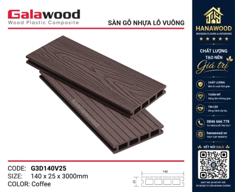 Sàn Gỗ Nhựa Ngoài Trời Galawood G3D140V25 Coffee vân 3D chống trơn trượt chịu mưa nắng