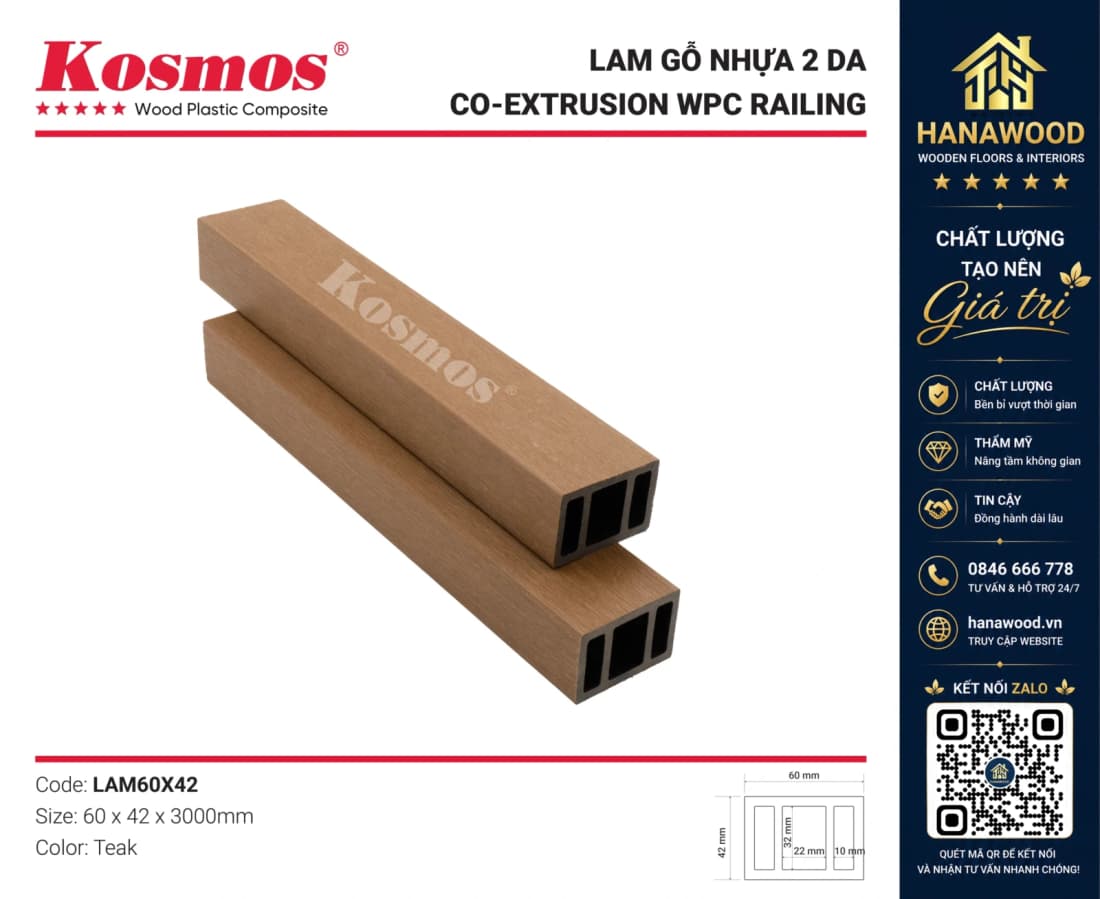 Thanh Lam Hộp Gỗ Nhựa 2 Da Kosmos Lam60X42 Teak kết cấu hèm khóa chắc chắn
