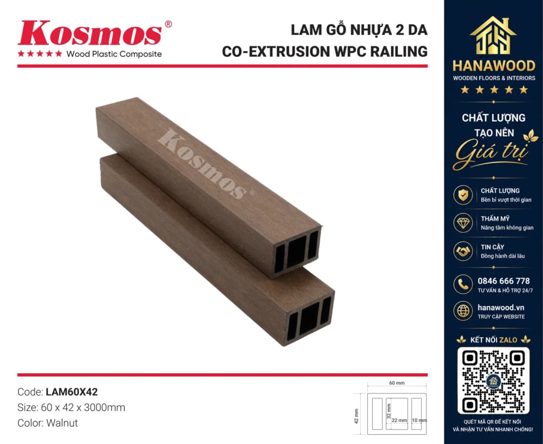 Thanh Lam Gỗ Nhựa Polymer Kosmos Lam60X42 Walnut bề mặt vân gỗ mịn