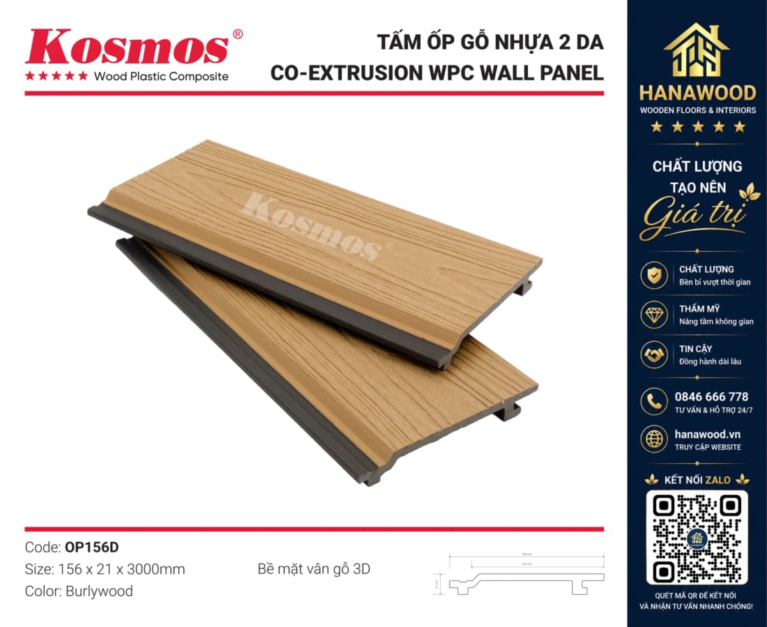 Tấm Ốp Gỗ Nhựa Ngoài Trời 2 Da Kosmos OP156D Burlywood chịu mưa nắng tốt