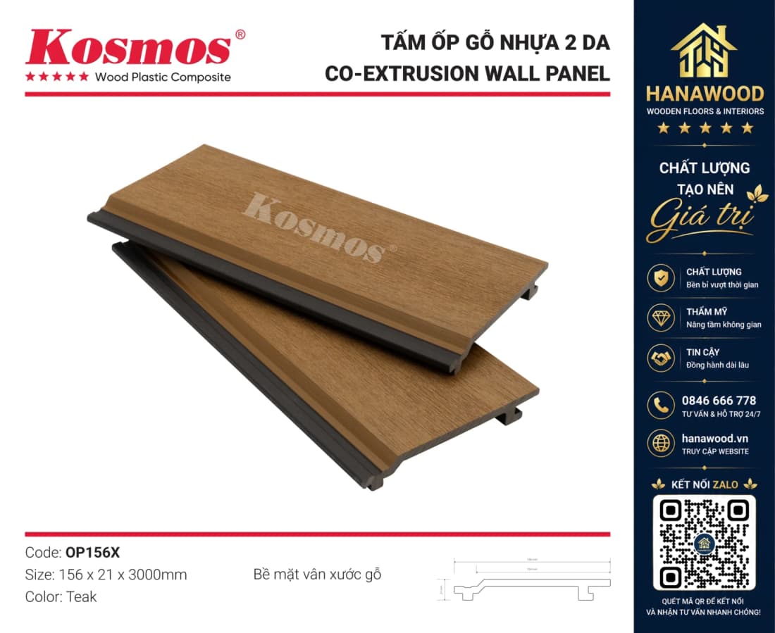 Ốp Trần Gỗ Nhựa Ngoài Trời 2 Da Kosmos OP156X Teak chống mối mọt cong vênh