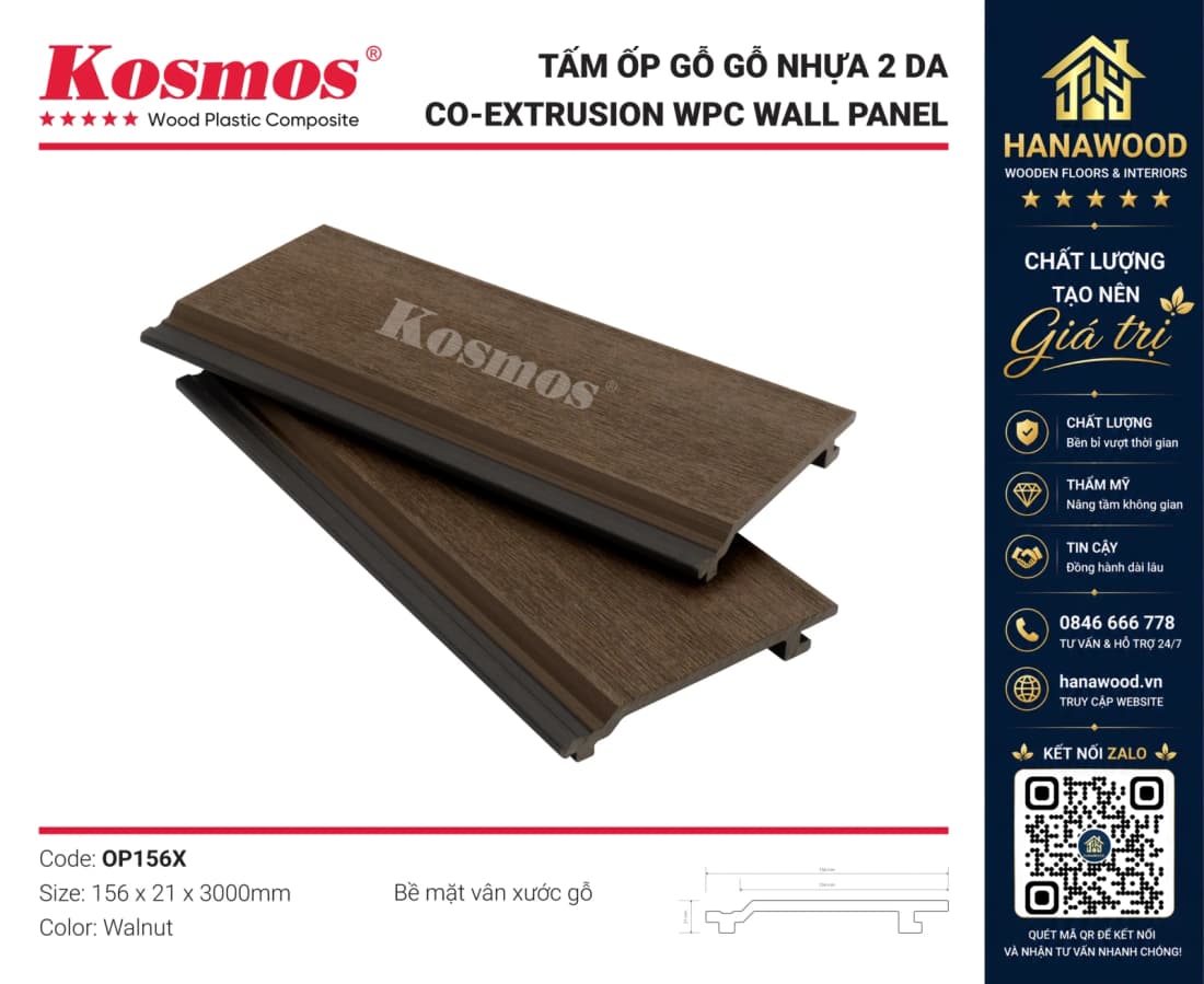 Tấm Ốp Trần Gỗ Nhựa Ngoài Trời 2 Da Kosmos OP156X Walnut