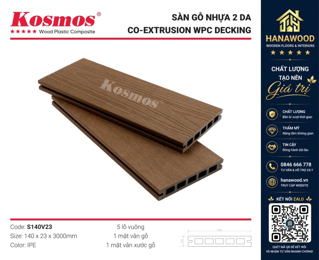 Sàn Sân Vườn Lỗ Vuông Gỗ Nhựa 2 Da Kosmos S140V23 IPE chịu lực va đập