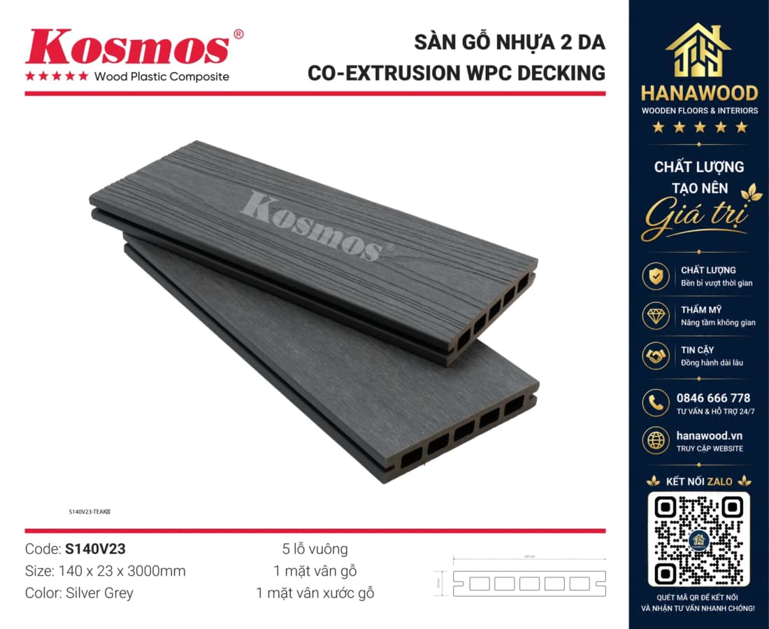 Sàn Ngoài Trời Lỗ Vuông 2 Da Kosmos S140V23 Silver Grey tông màu hiện đại